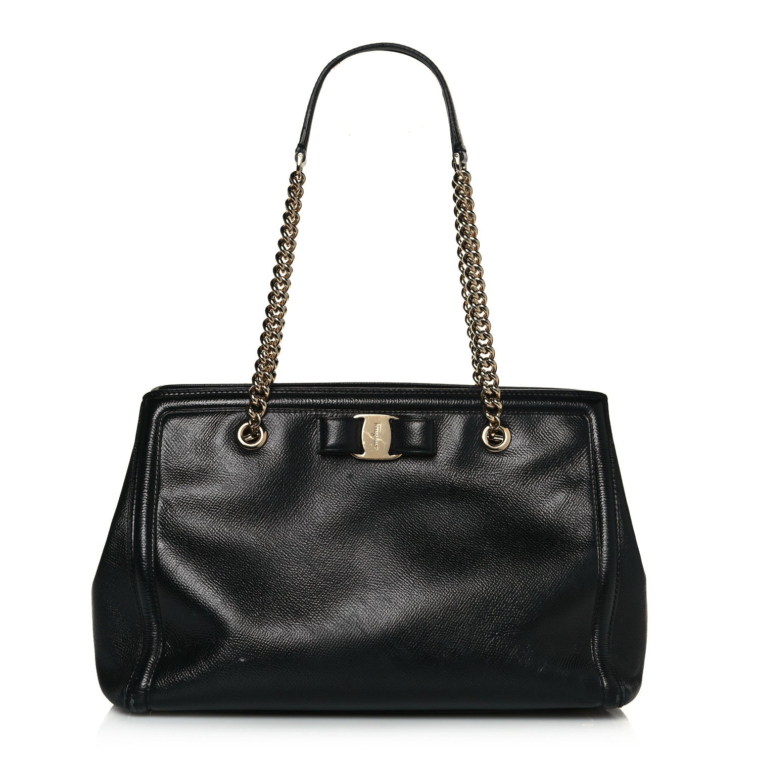 Salvatore Ferragamo Hammered Calfskin Vara Bow Chain Tote Black 1 of 23