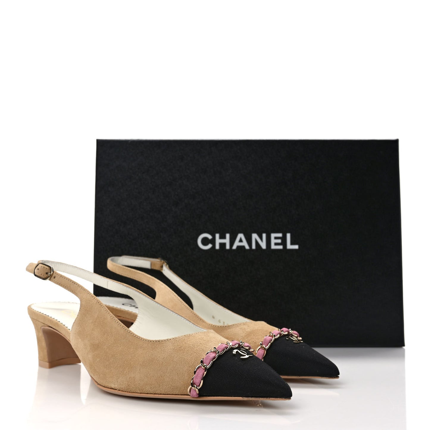 Suede Grosgrain Cap Toe CC Chain Slingback Pumps 37 Beige Black Pink