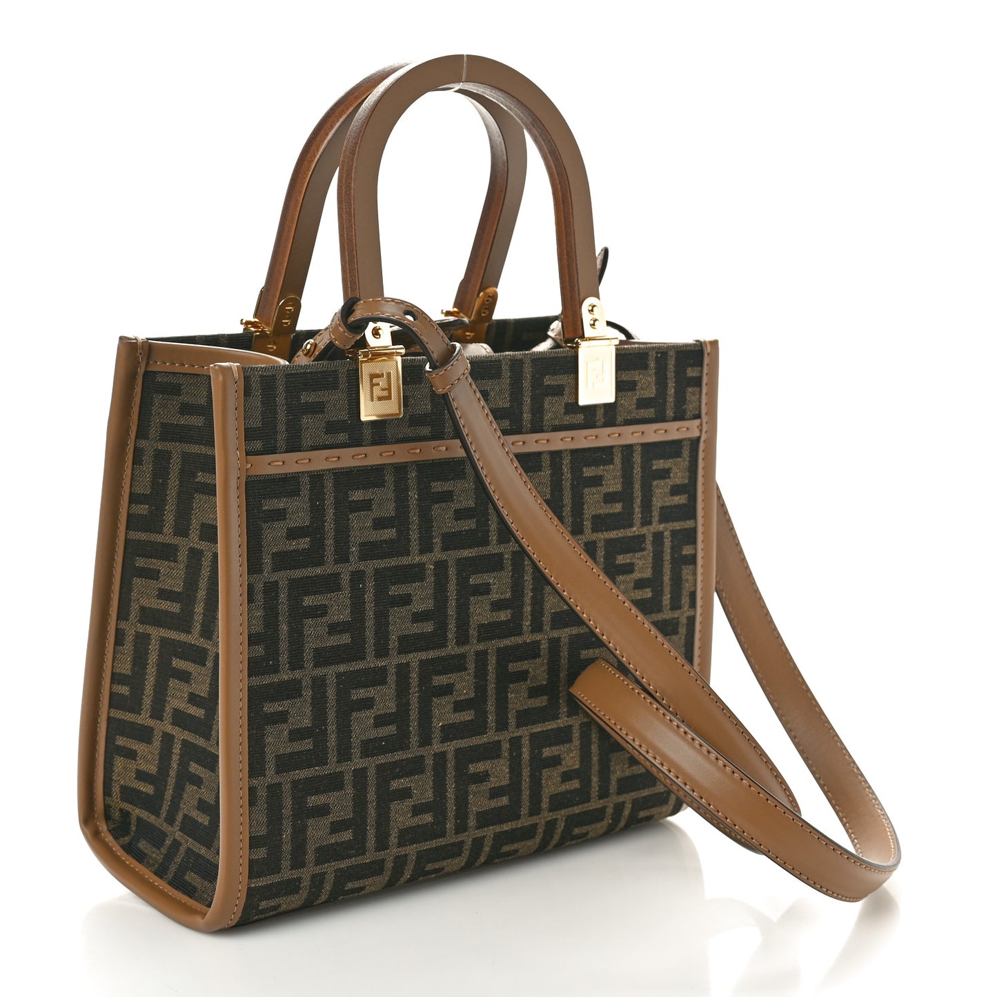 Fabric Jacquard FF 1974 Logo Small Fendi Sunshine Shopper Tote Tobacco Moro Sand