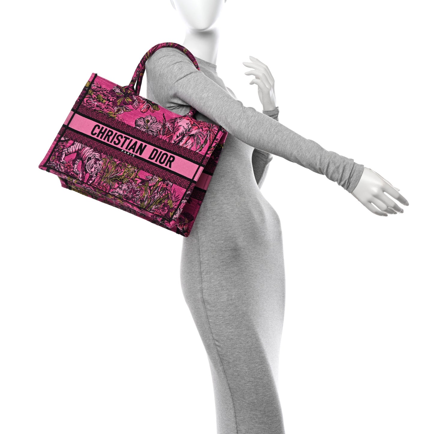 Canvas Embroidered Medium Toile de Jouy Voyage Book Tote Fuchsia Multicolor
