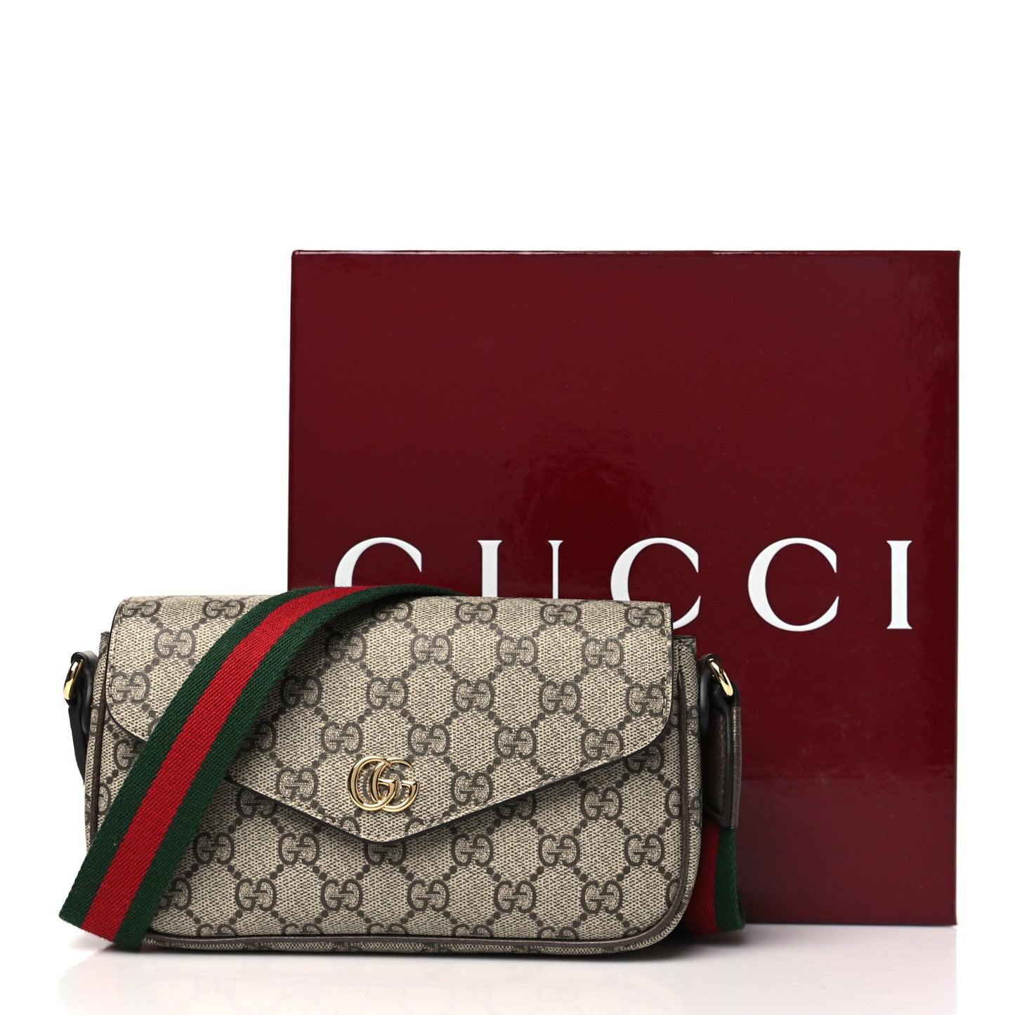 GG Supreme Monogram Textured Dollar Calfskin Web Mini Ophidia Envelope Shoulder Bag Beige Ebony