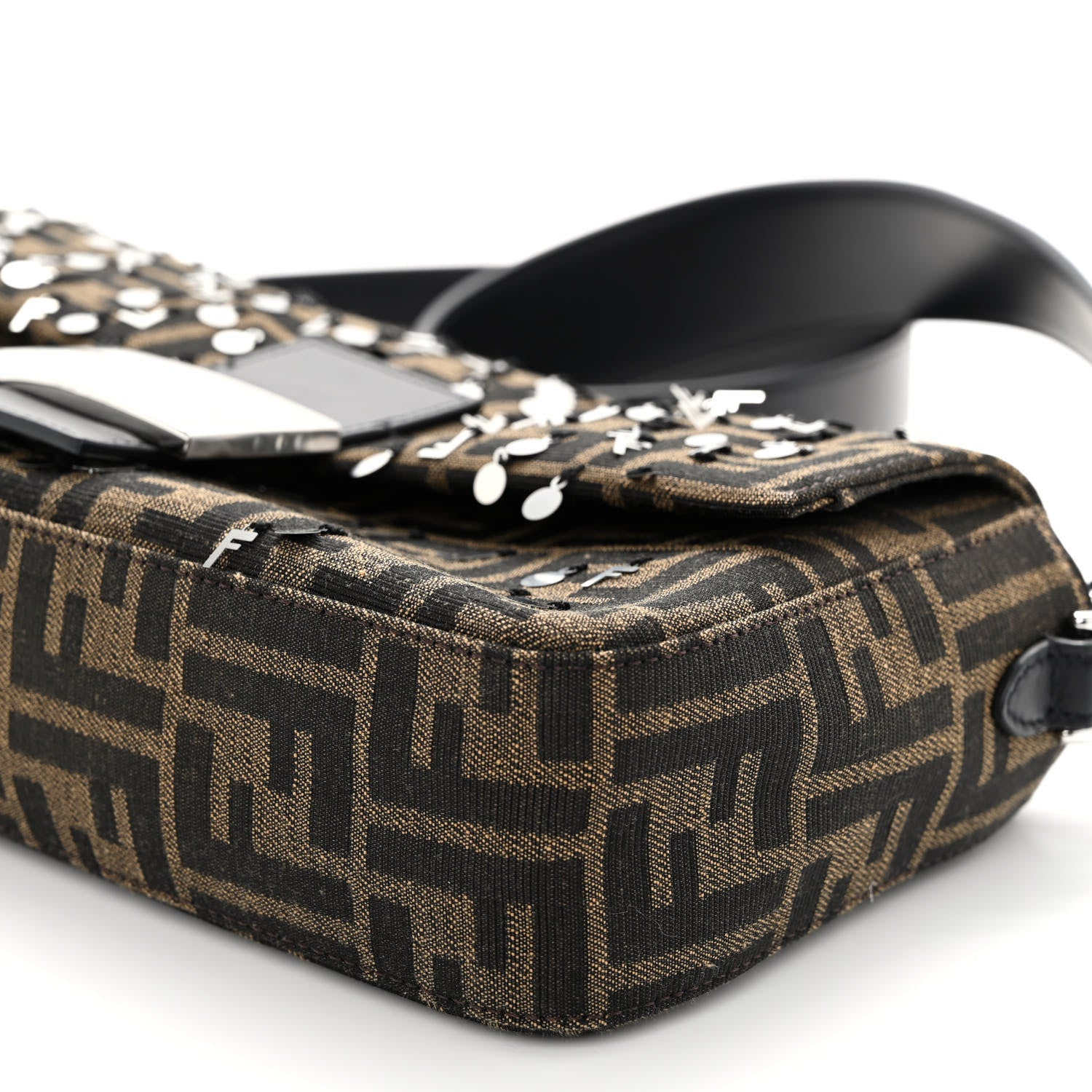 Fendi Fabric Jacquard F Paillettes Vitello Cover FF 1974 Embroidered Baguette Tobacco Moro Argento 9 of 9