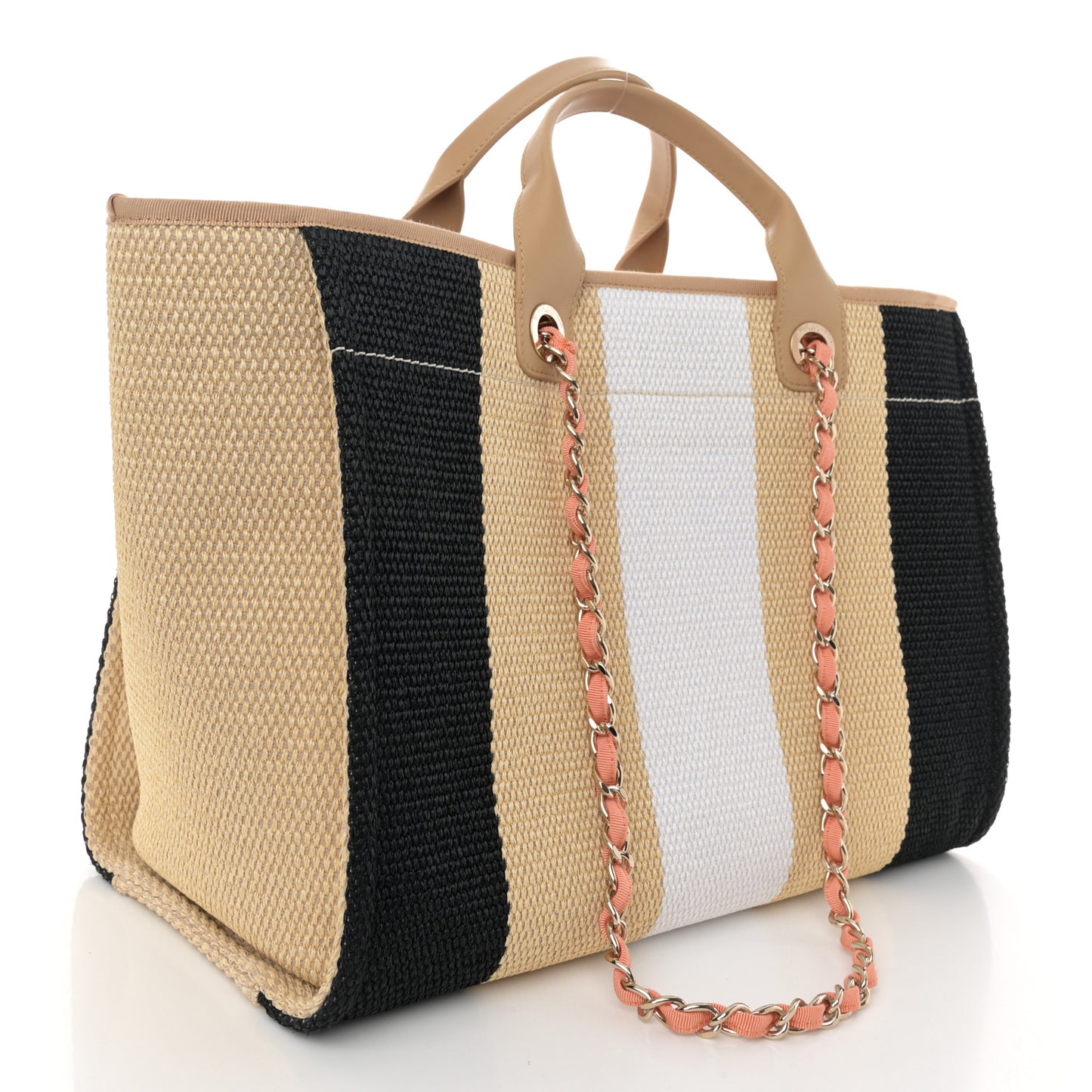 Straw Raffia Calfskin Striped Medium Deauville Tote Black Beige Ivory