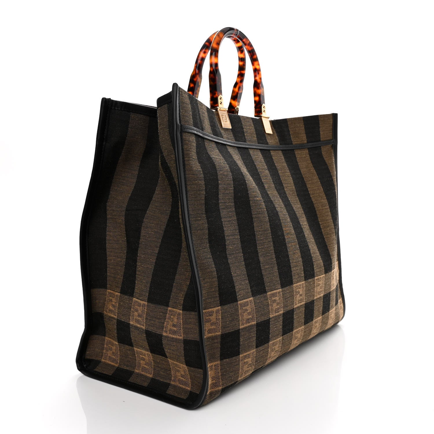 Fendi Fabric Jacquard Vitello Seta Plexiglass Pequin Gingham Large Fendi Sunshine Shopper Tote Tobacco Moro Black 3 of 10