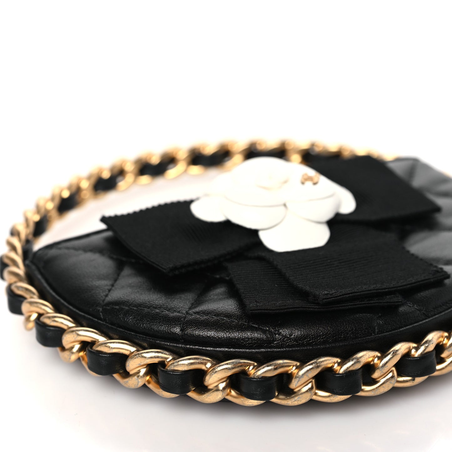 Lambskin Quilted Round Camellia Mini Clutch Black
