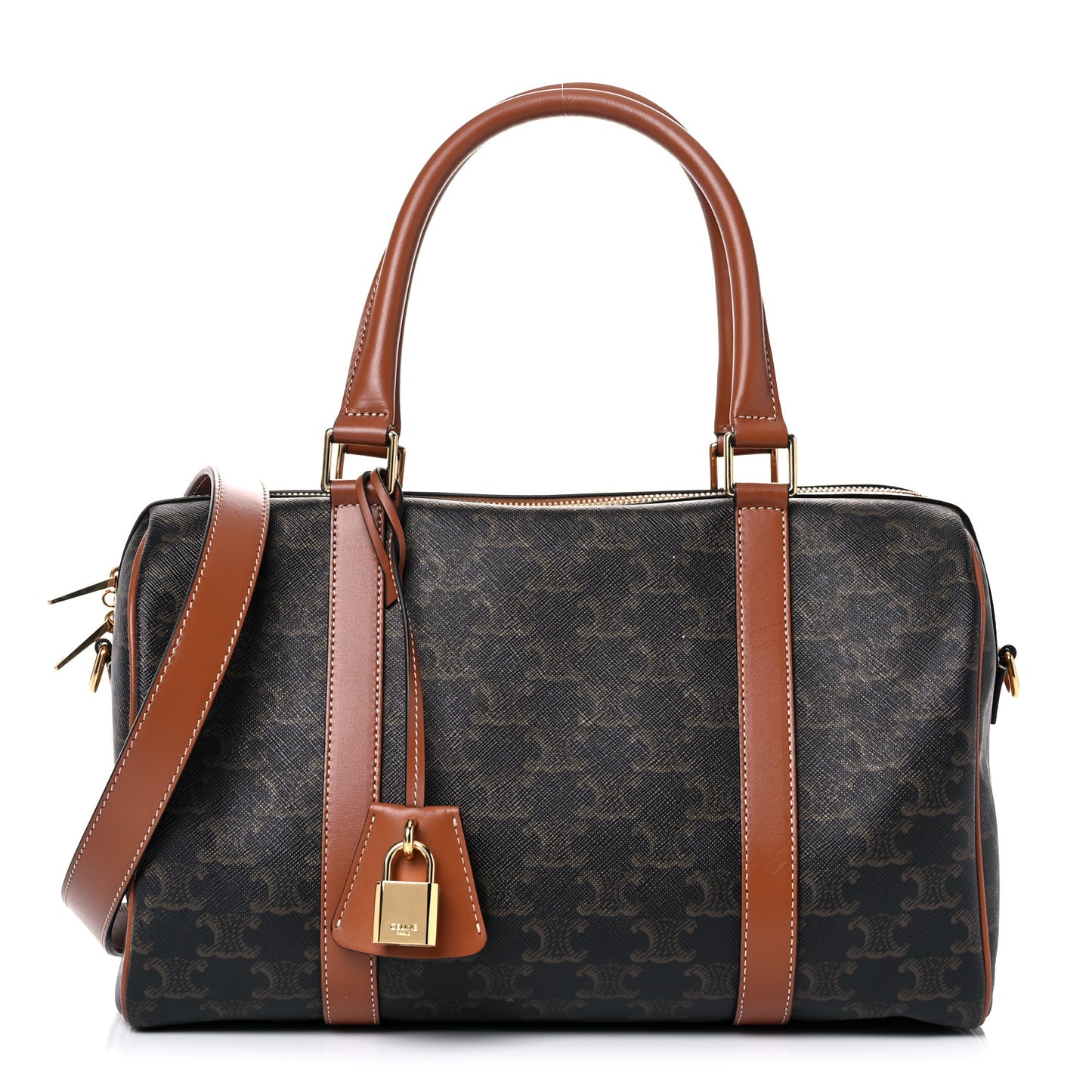 Triomphe Canvas Calfskin Boston Bag Tan