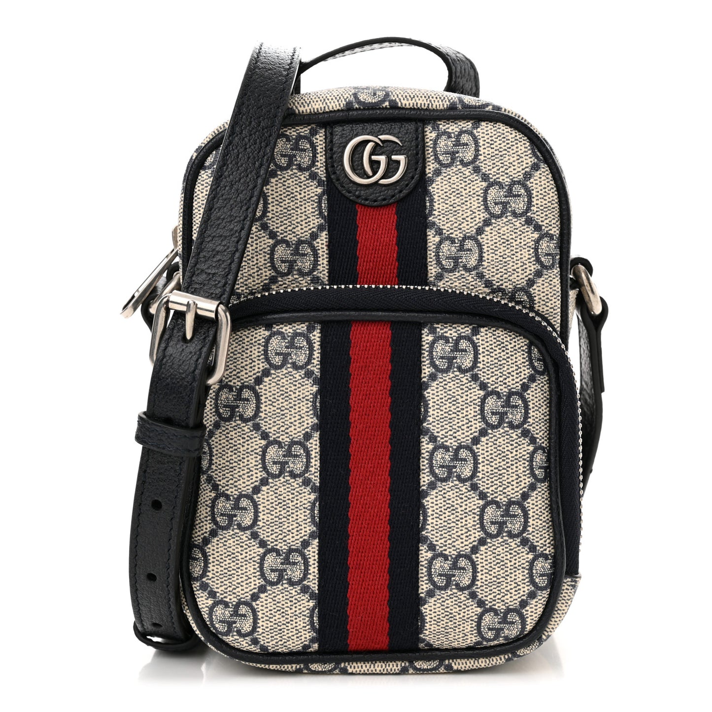GG Supreme Monogram Textured Dollar Calfskin Web Mini Ophidia Double Zip Messenger Bag Beige Blue