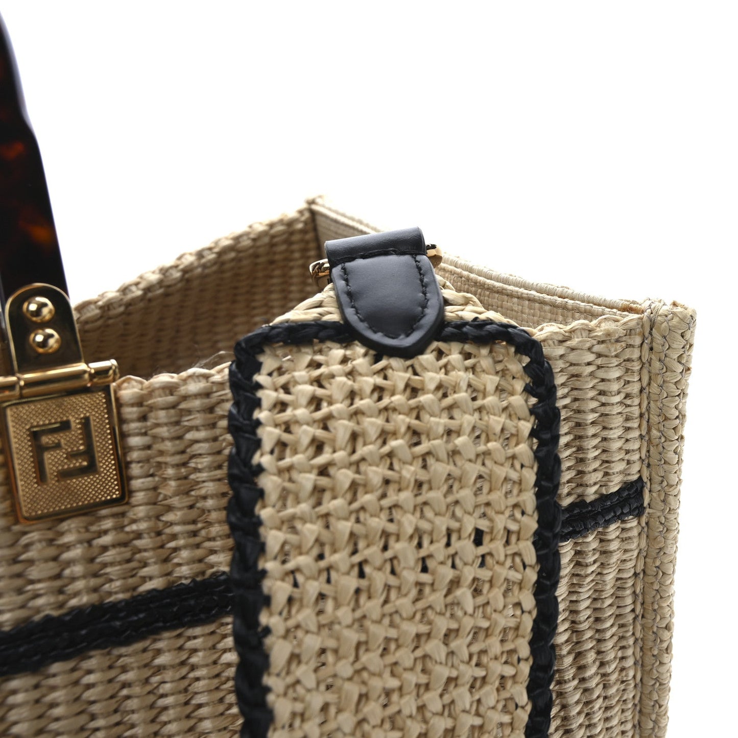 Straw Vitello King Plexiglass Woven Medium Fendi Sunshine Shopper Tote Natural Black