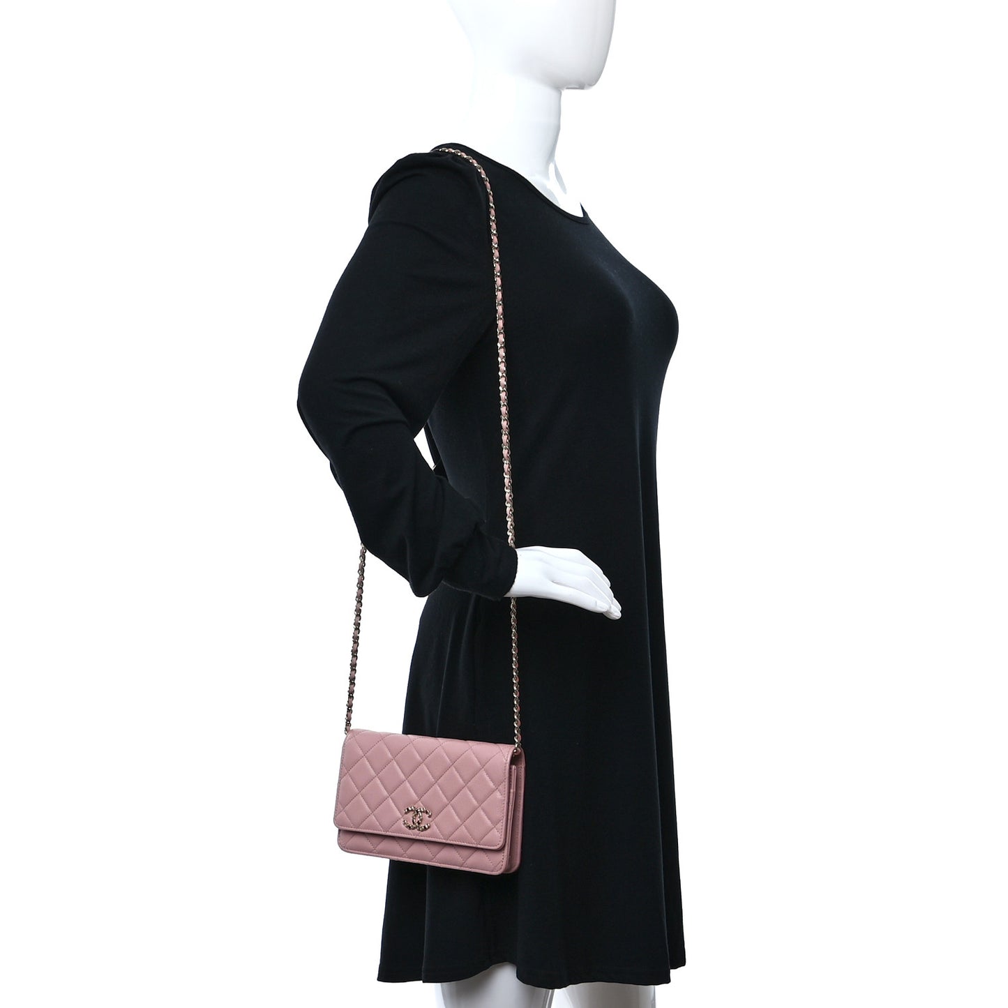 Shiny Caviar Enamel Quilted CC Wallet On Chain WOC Pink