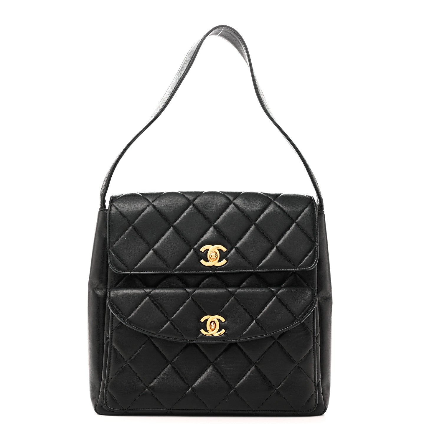 Chanel Lambskin Quilted Double Pocket Shoulder Bag Black 1907243