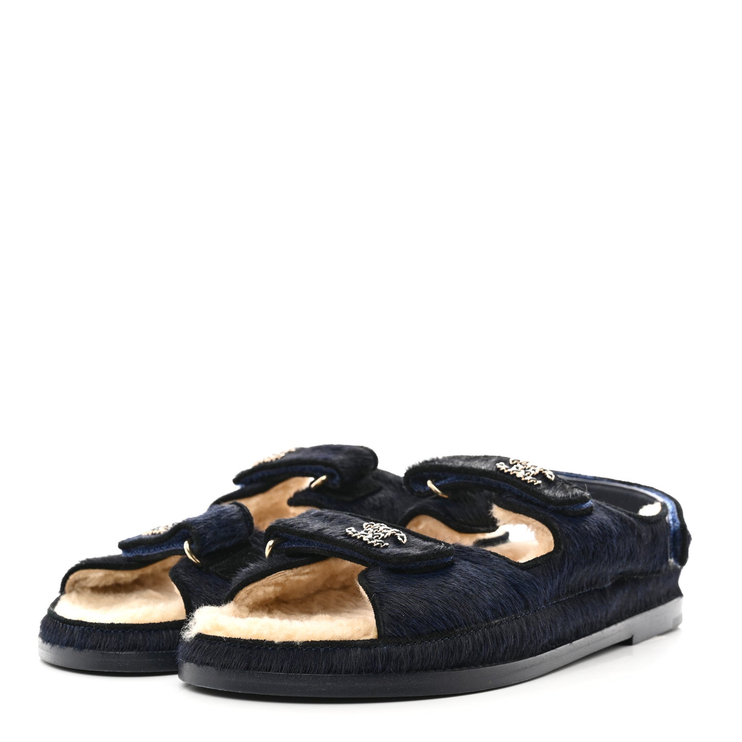 Calfskin Hair Suede Shearling Dad Sandals 39.5 Navy Black