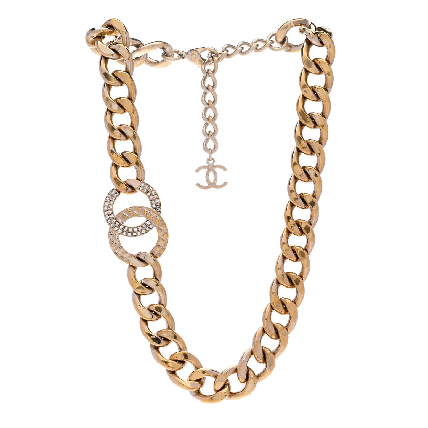 Baguette Crystal Quilted CC Chain Choker Necklace Gold