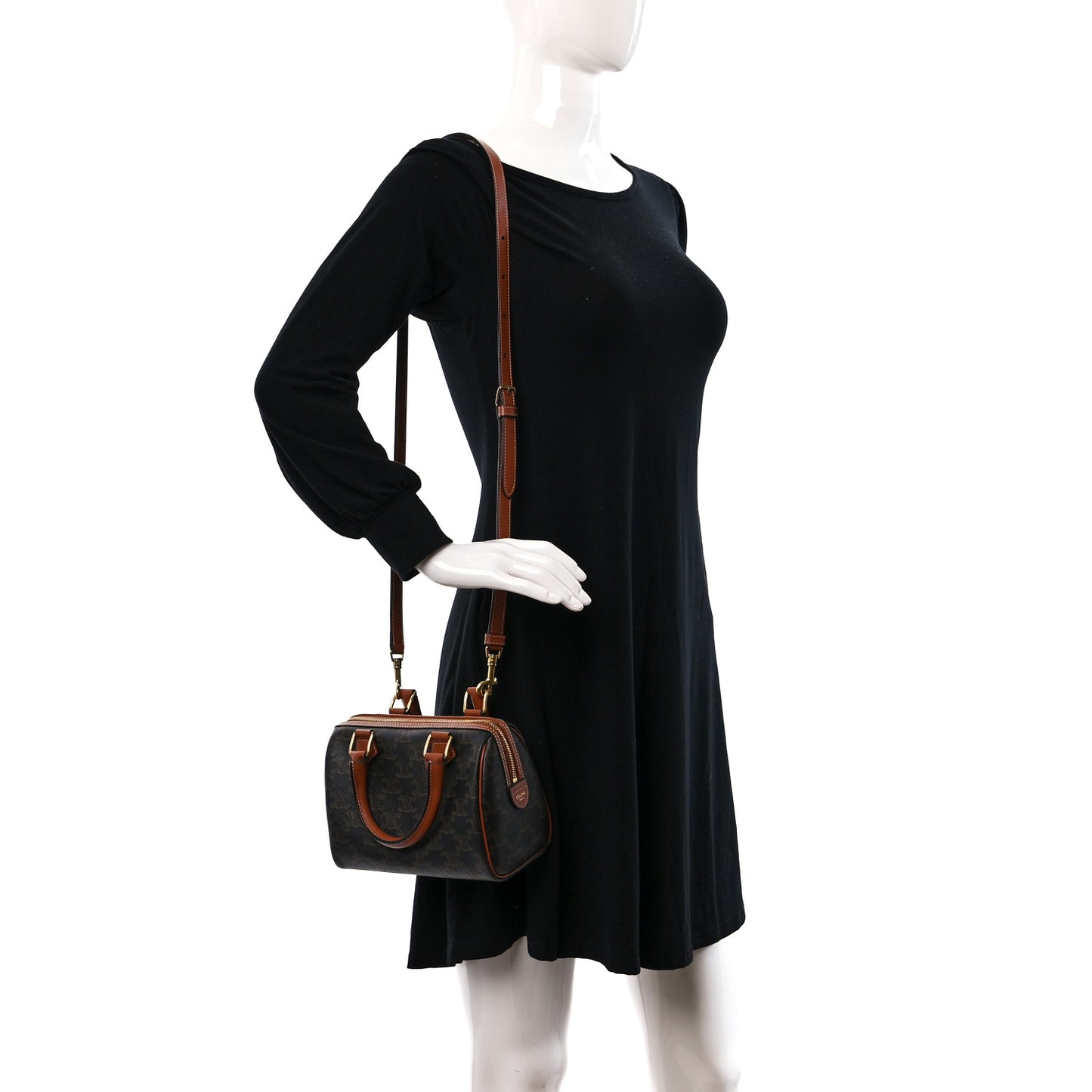 Triomphe Canvas Calfskin Small Boston Bag Tan