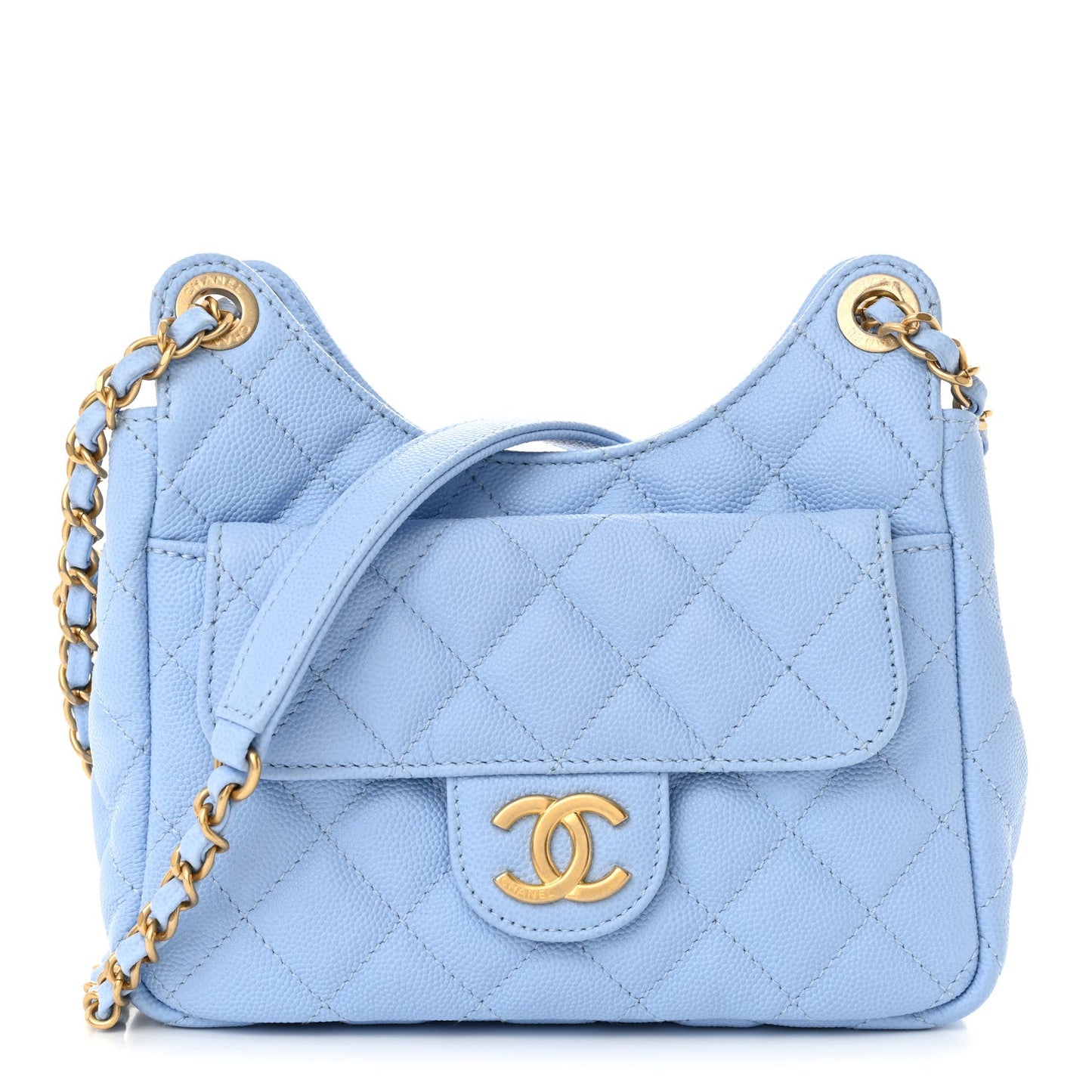 Caviar Quilted Small Wavy CC Hobo Light Blue