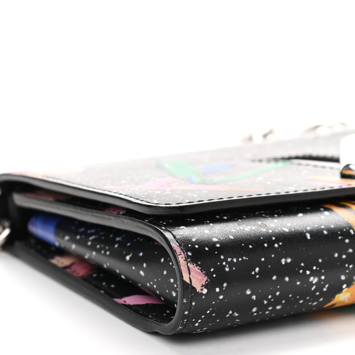 Calfskin Splash Print Twist Chain Wallet Black