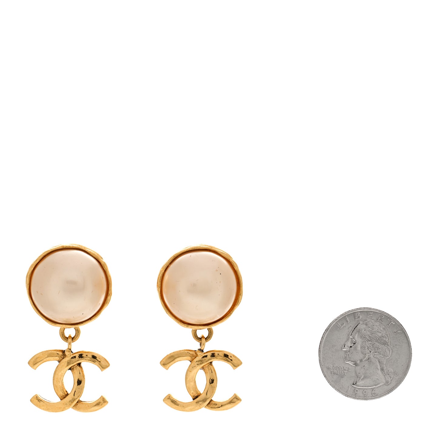 Pearl CC Dangle Clip On Earrings Gold