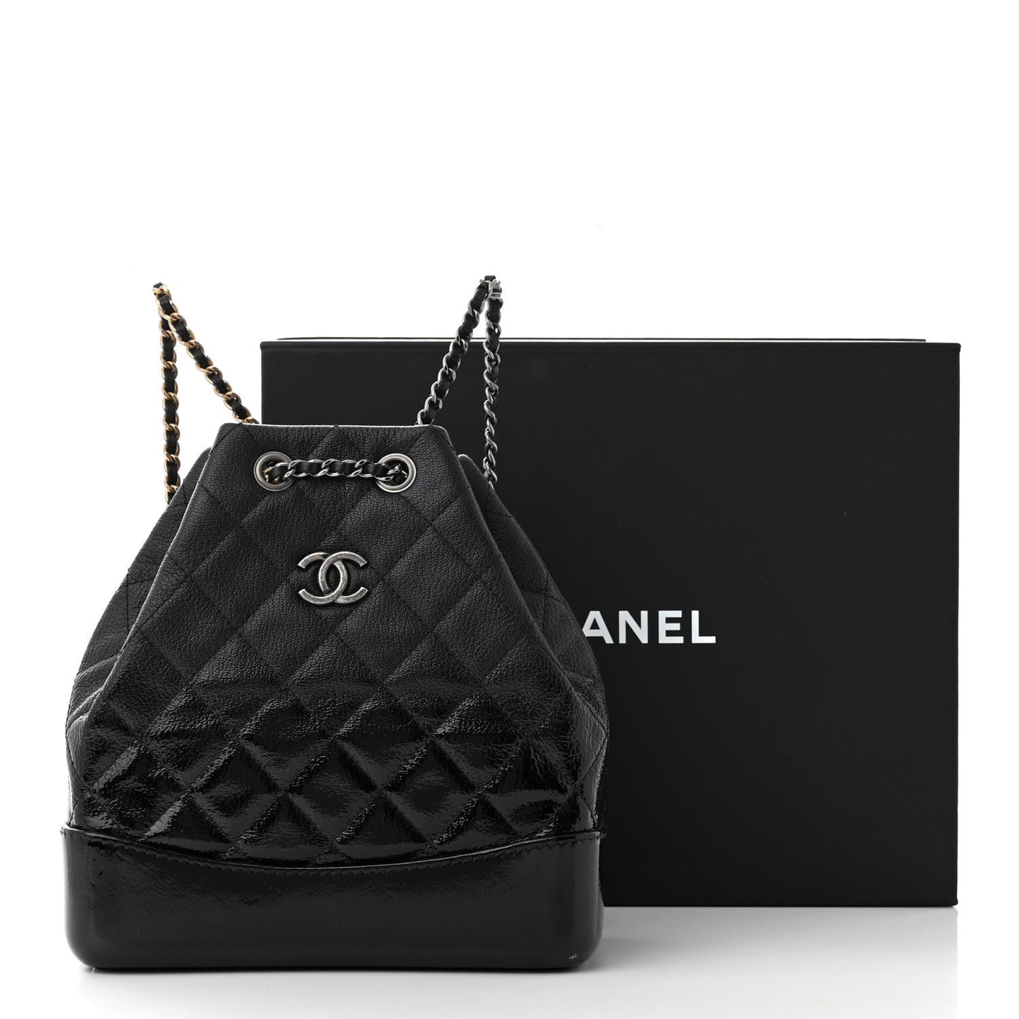 Patent Goatskin Quilted Small Gabrielle Backpack Black