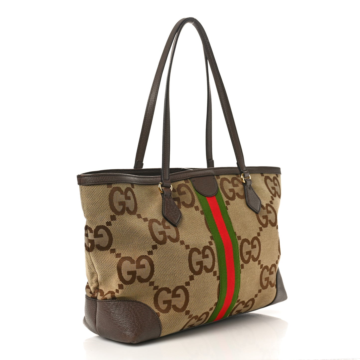 Monogram Jumbo GG Textured Dollar Calfskin Web Medium Ophidia Shopping Tote Camel Ebony