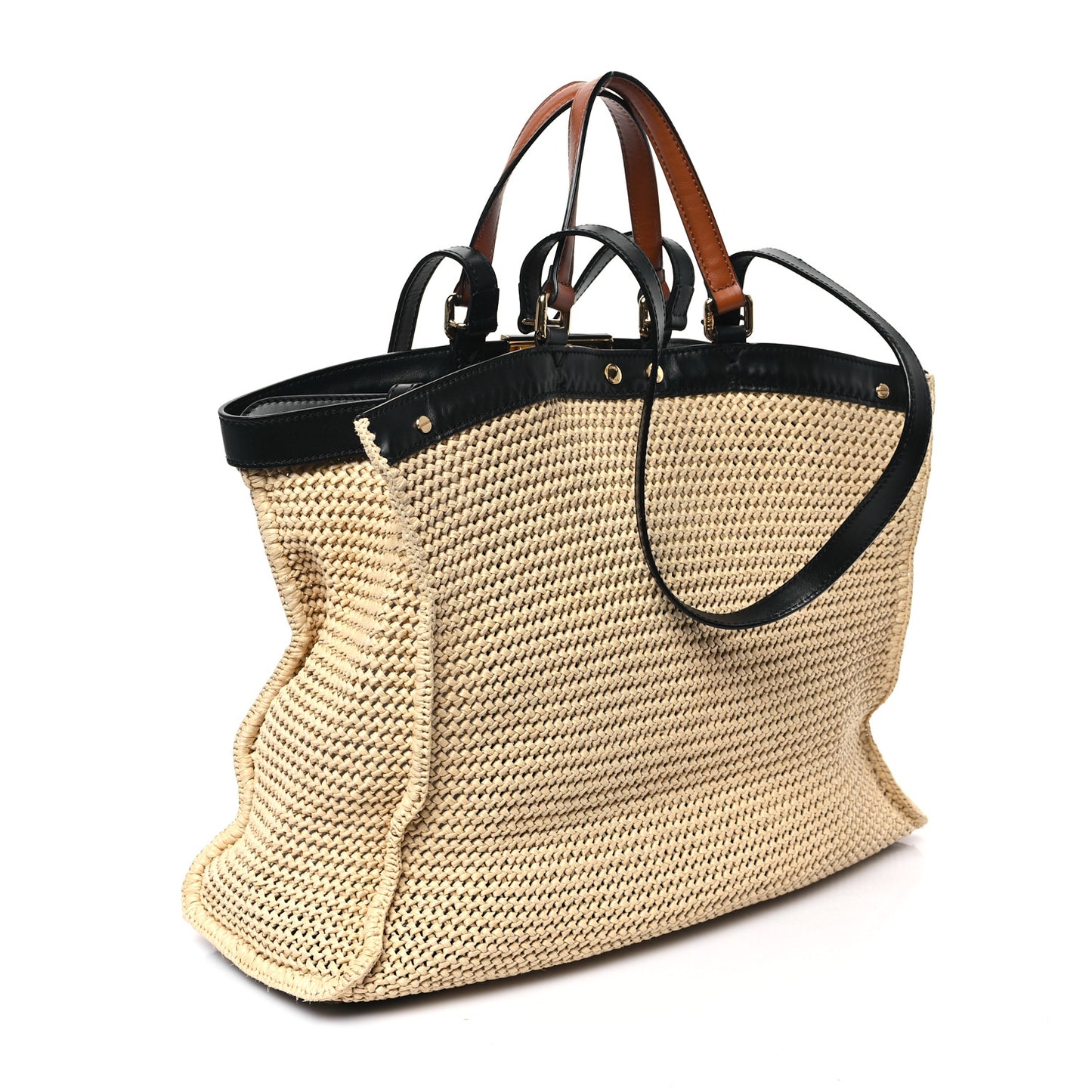 Raffia Vitello King Macrame Mesh Medium Peekaboo X-Tote Natural Black Cuoio