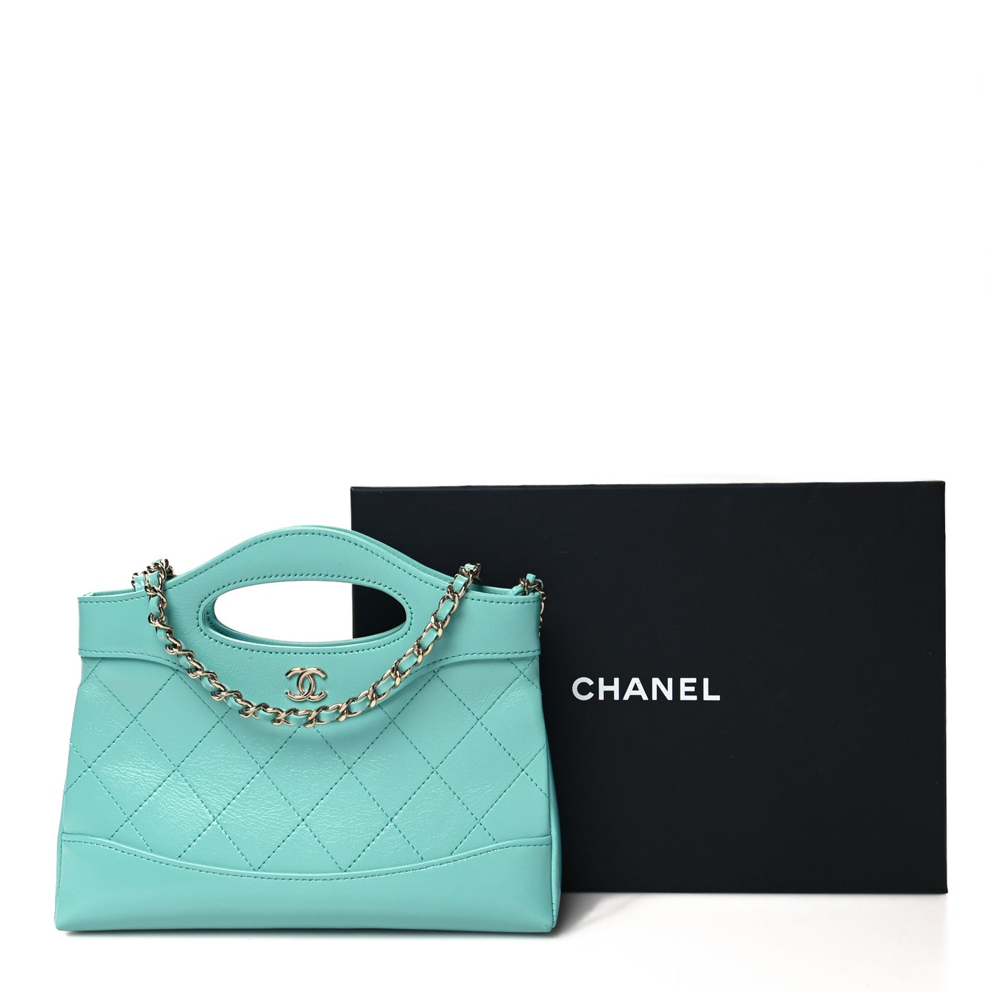 Shiny Crumpled Calfskin Quilted Nano 31 Shopping Bag Turquoise