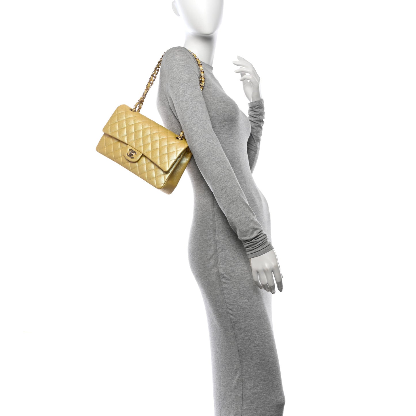 Iridescent Caviar Quilted Medium Double Flap Yellow
