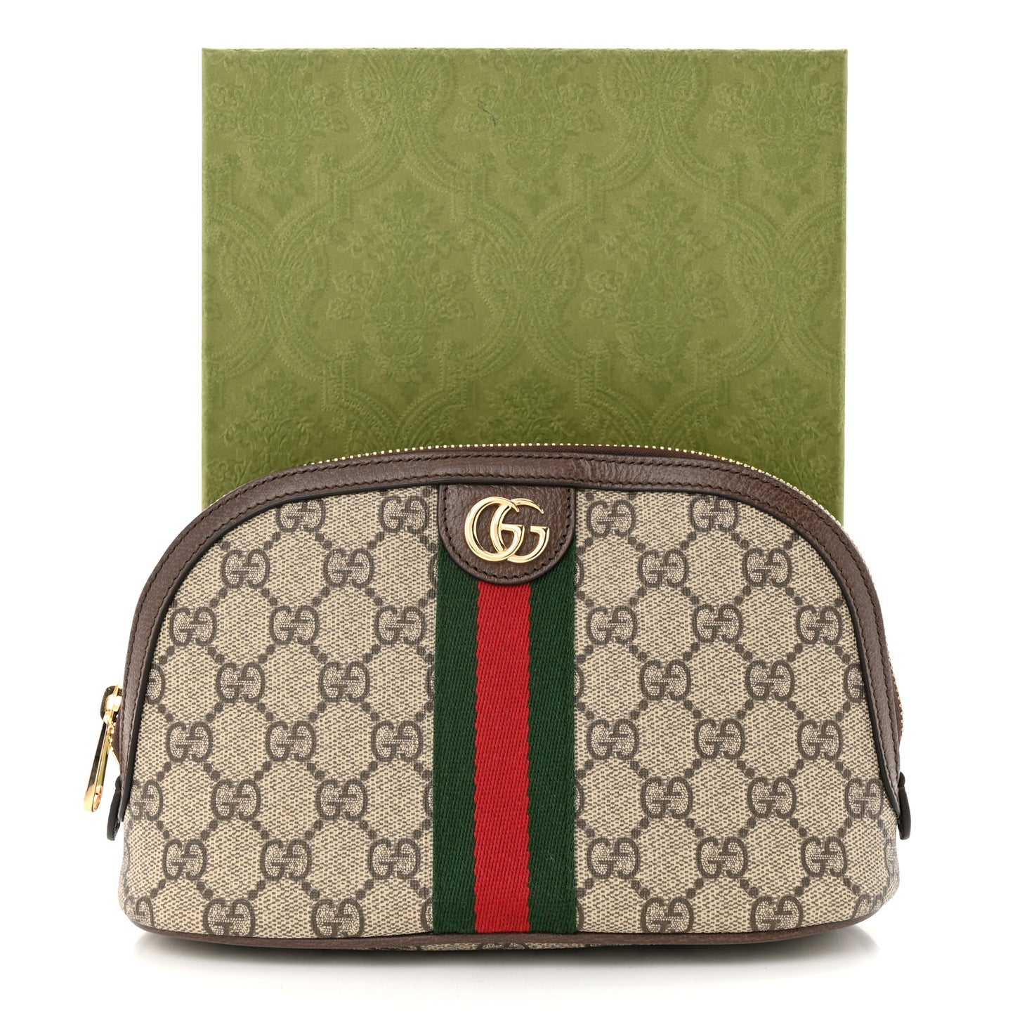 GG Supreme Monogram Textured Calfskin Web Large Ophidia Cosmetic Case Beige Ebony New Acero