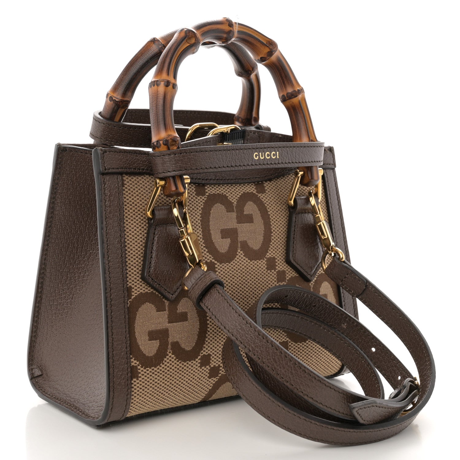 Gucci Monogram Jumbo GG Textured Dollar Calfskin Mini Diana Tote Bag Camel Ebony New Acero 3 of 12