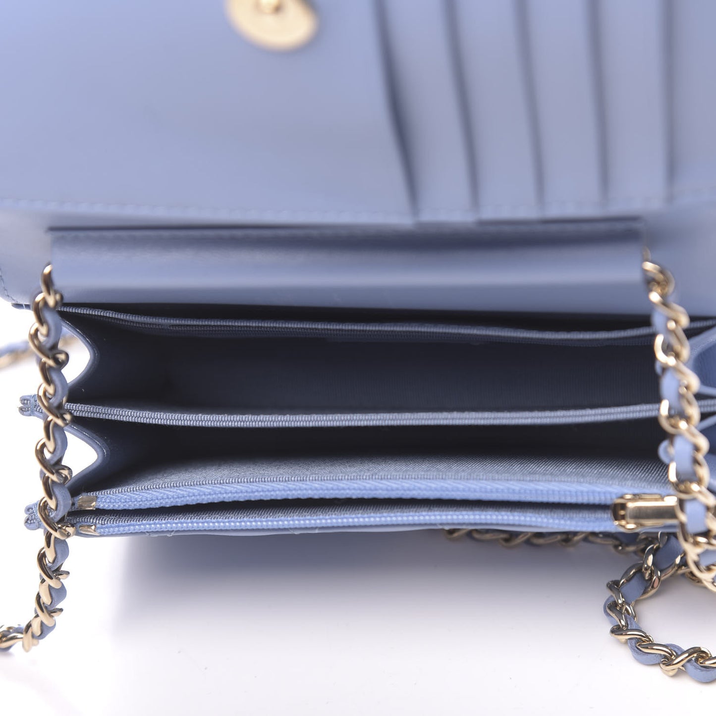 Lambskin Quilted Mini Wallet On Chain WOC Light Blue