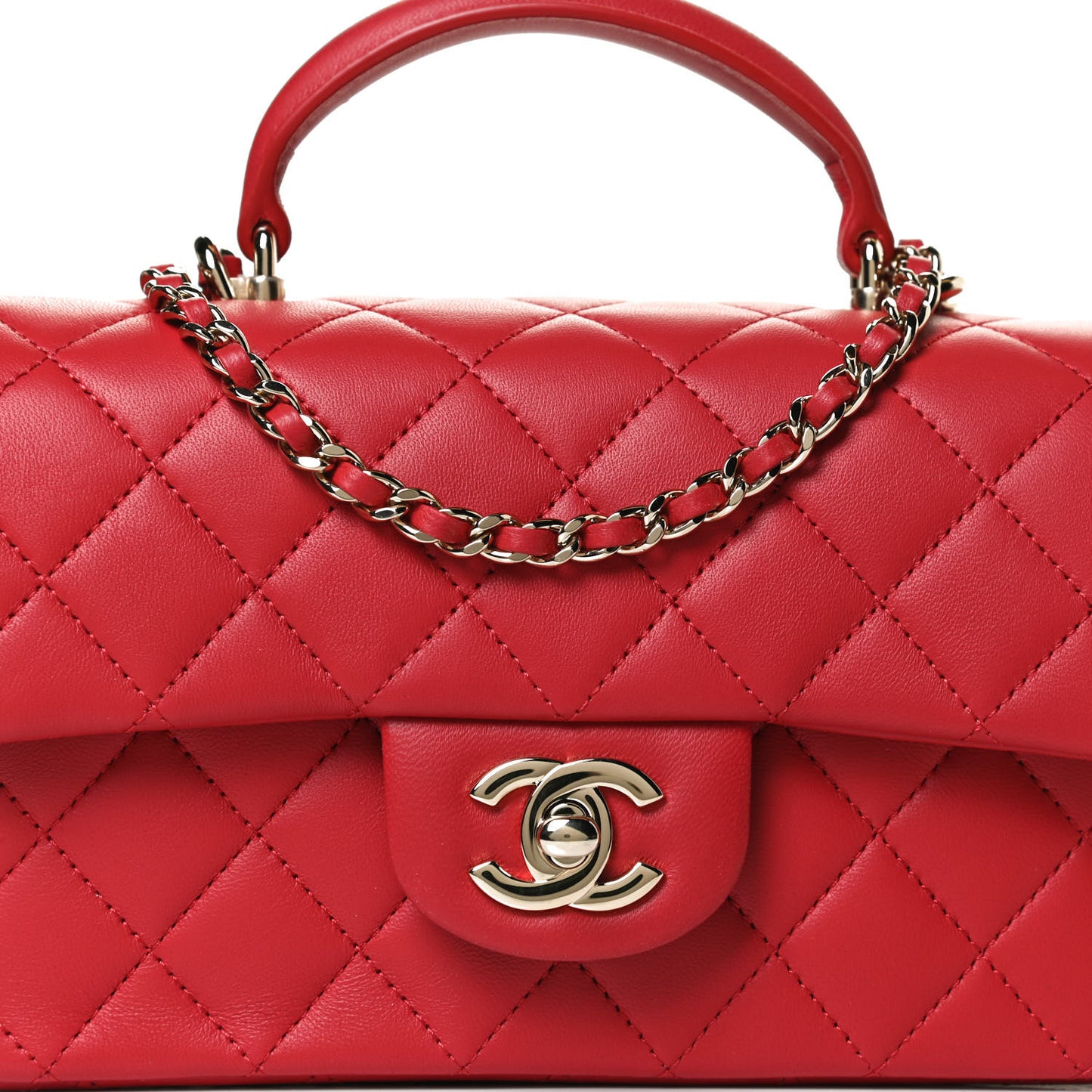 Lambskin Quilted Mini Top Handle Rectangular Flap Red