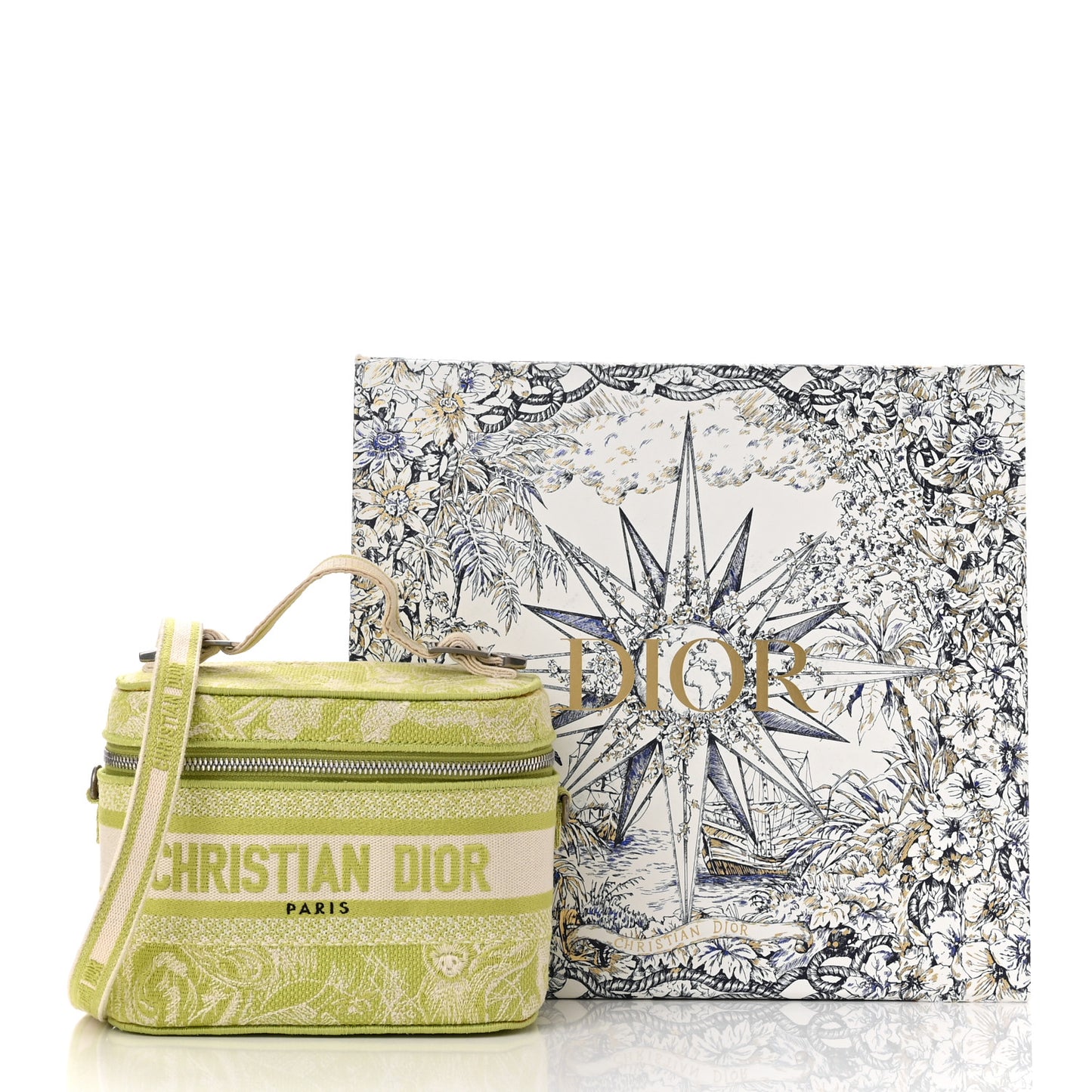 Canvas Embroidered Toile De Jouy Small Travel Vanity Case Green