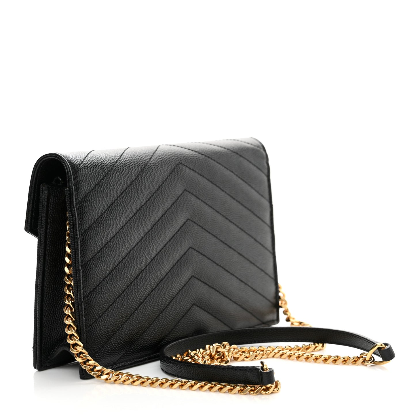 Grain De Poudre Matelasse Chevron Monogram Envelope Chain Wallet Black
