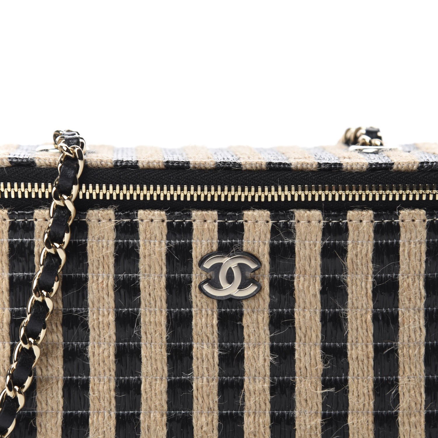 Chanel Raffia Jute Striped Small Vanity Case With Chain Black Beige 10 of 11
