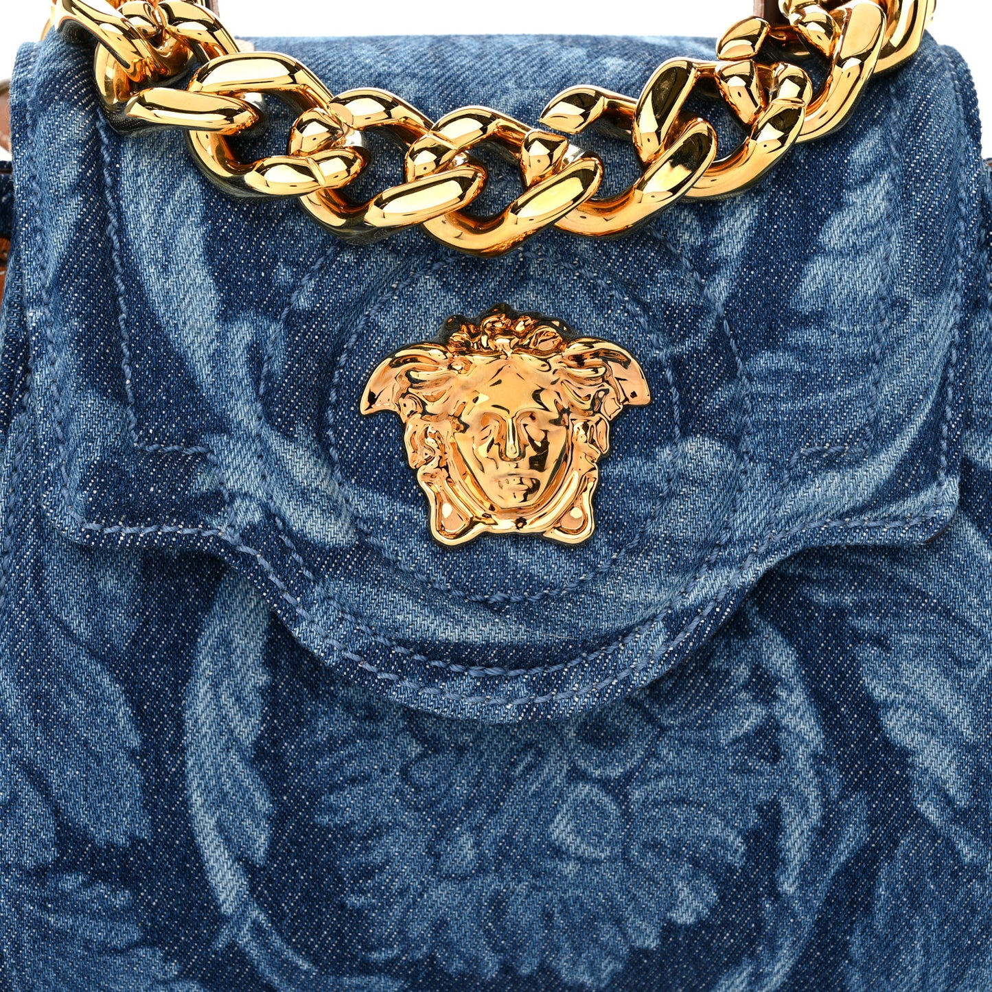 Denim Barocco Small La Medusa Chain Top Handle Handbag Blue Camel