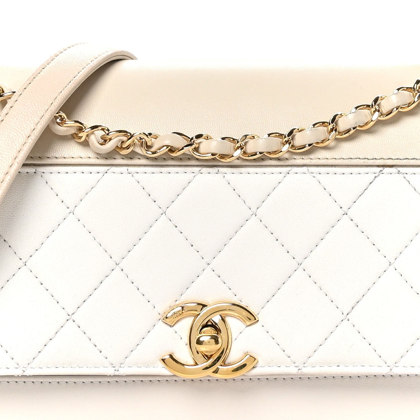 Lambskin Calfskin Quilted Shoulder Flap Bag Beige White