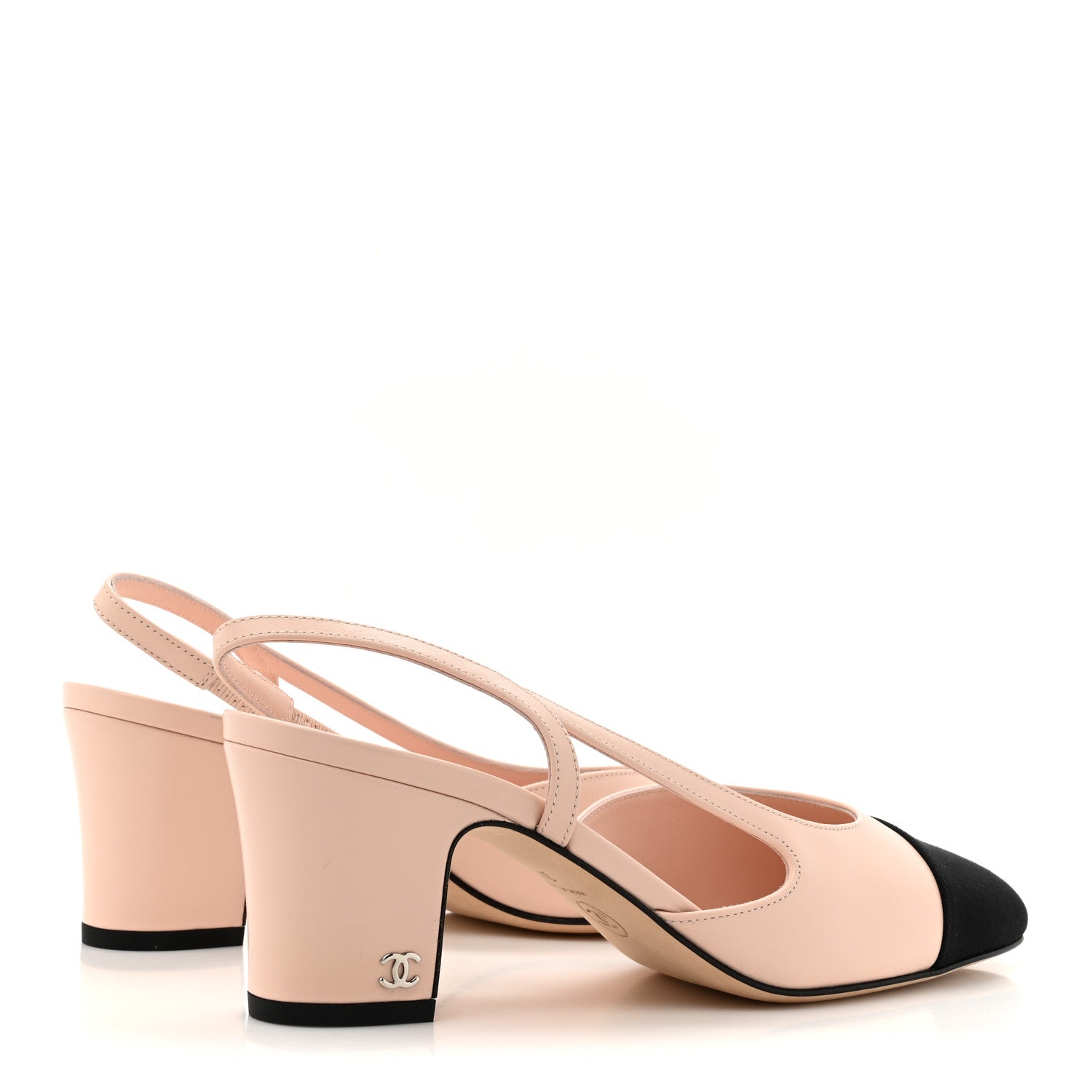 Chanel Calfskin Grosgrain Cap Toe CC Slingback Pumps 37 Light Pink Black 5 of 10