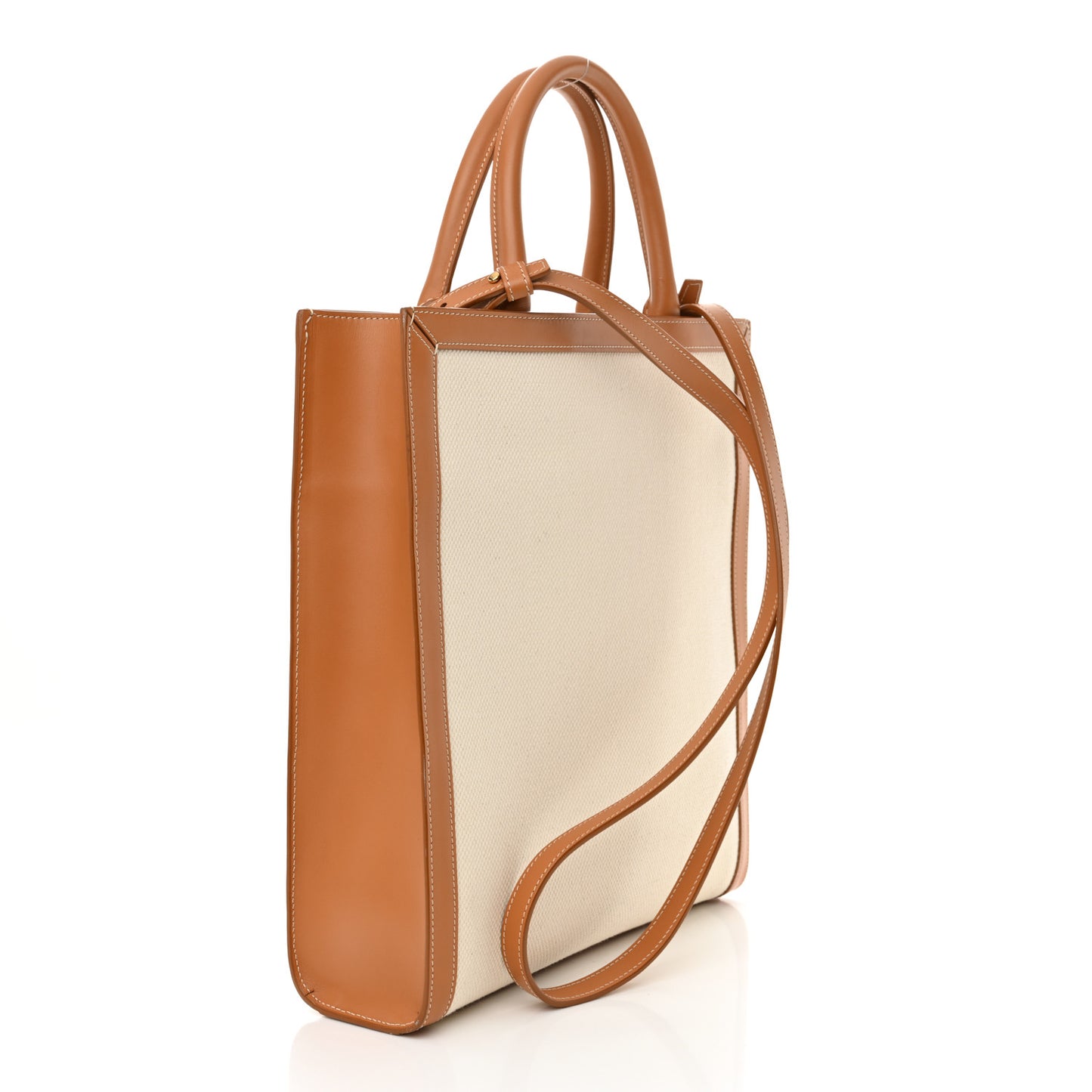 Canvas Calfskin Logo Print Small Vertical Cabas Natural Tan