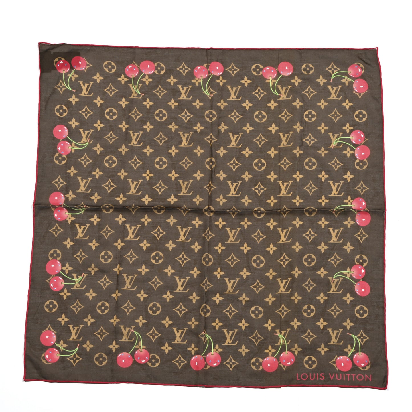 LV X TM Silk Cotton Monogram Cerises Square Scarf 55 Brown
