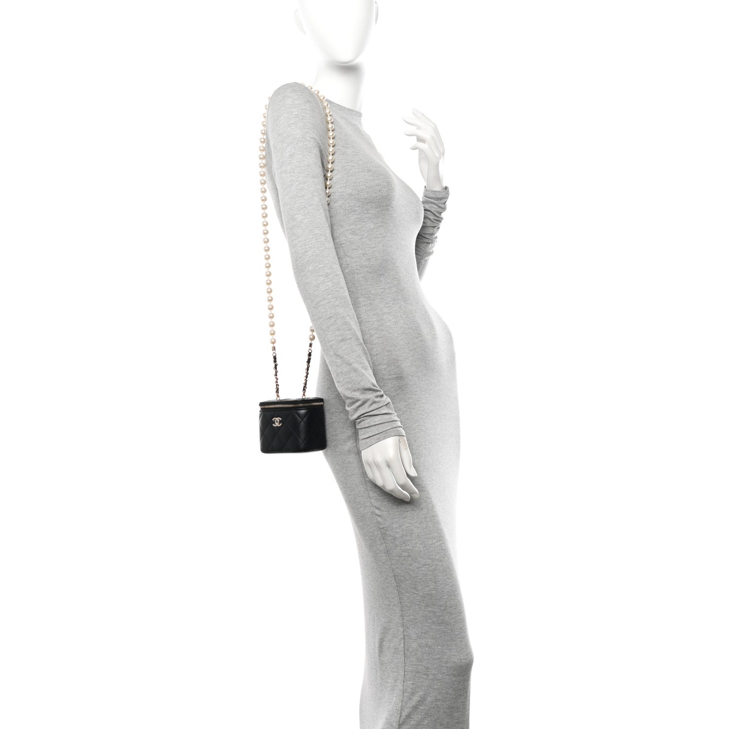 Lambskin Quilted Mini Vanity Case With Pearl Chain Black