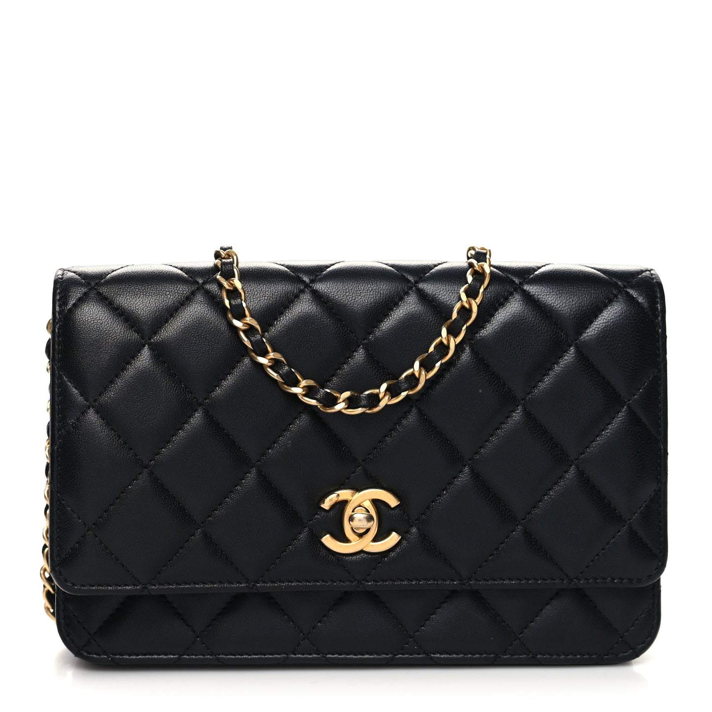Lambskin Quilted Pearl Crush Wallet On Chain WOC Black