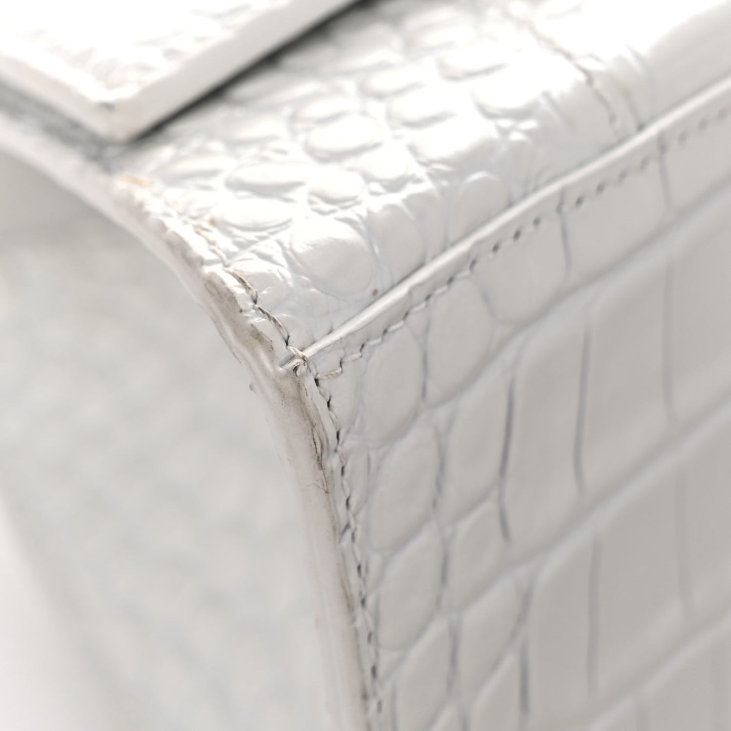 Calfskin Crocodile Embossed Small Hourglass Top Handle Bag White