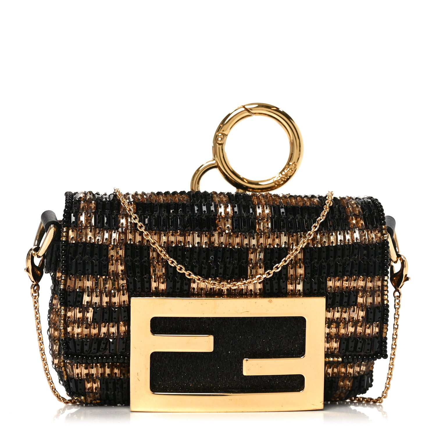 Fendi Crystal Vitello King FF Beaded Nano Maxi Buckle Baguette