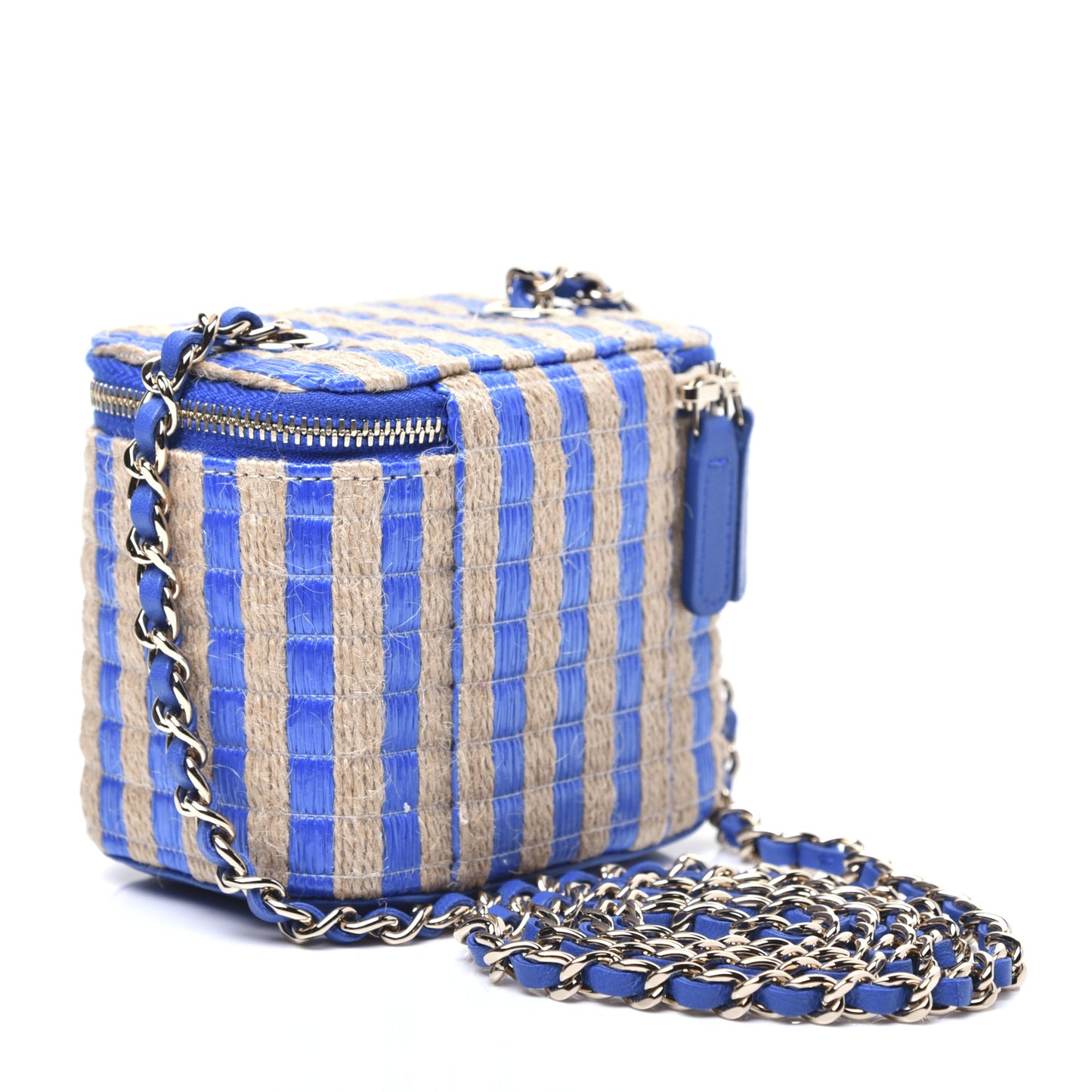 Raffia Jute Striped Mini Vanity Case With Chain Blue Beige