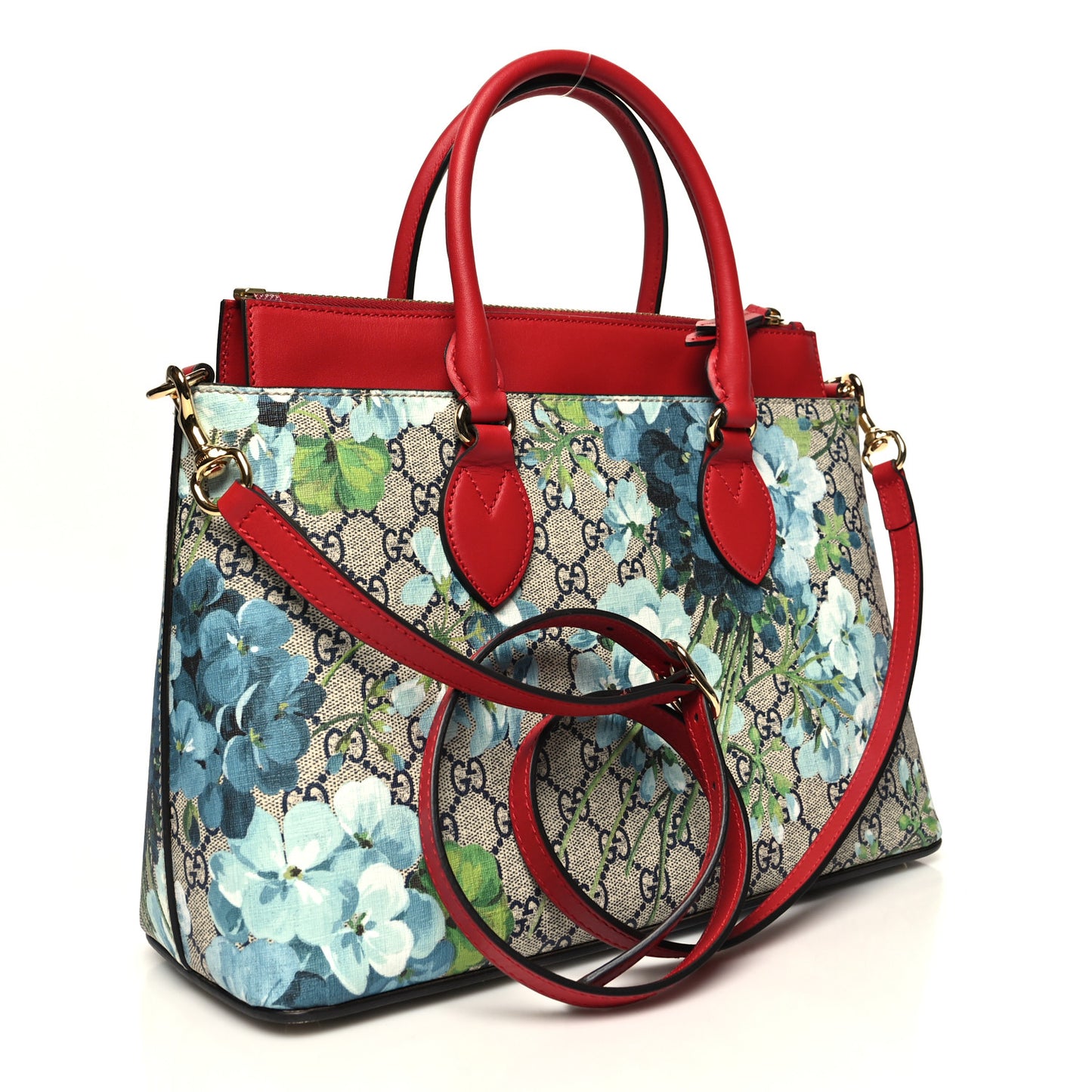 GG Supreme Monogram Blooms Medium Zip Top Tote Beige Blue Navy Hibiscus Red