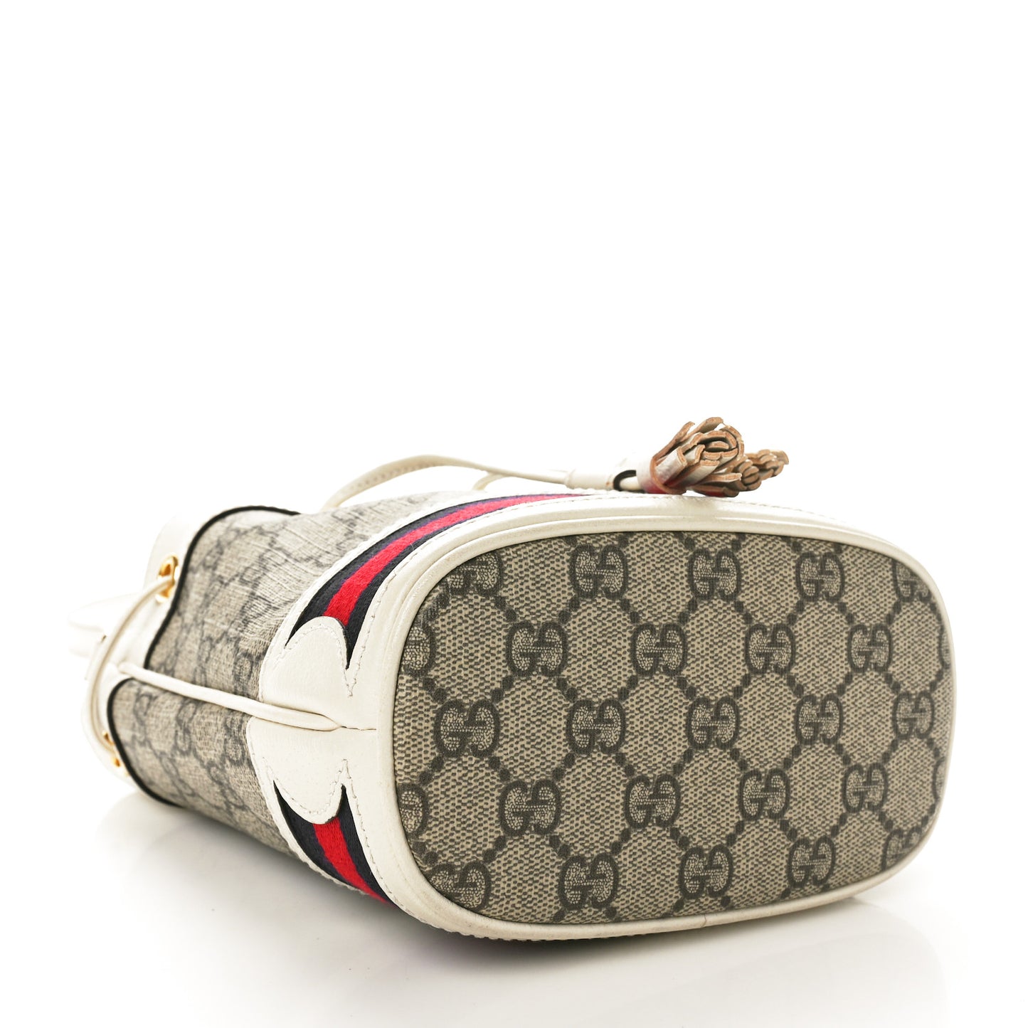 GG Supreme Monogram Textured Calfskin Web Mini Ophidia Bucket Bag Beige Ebony Mystic White