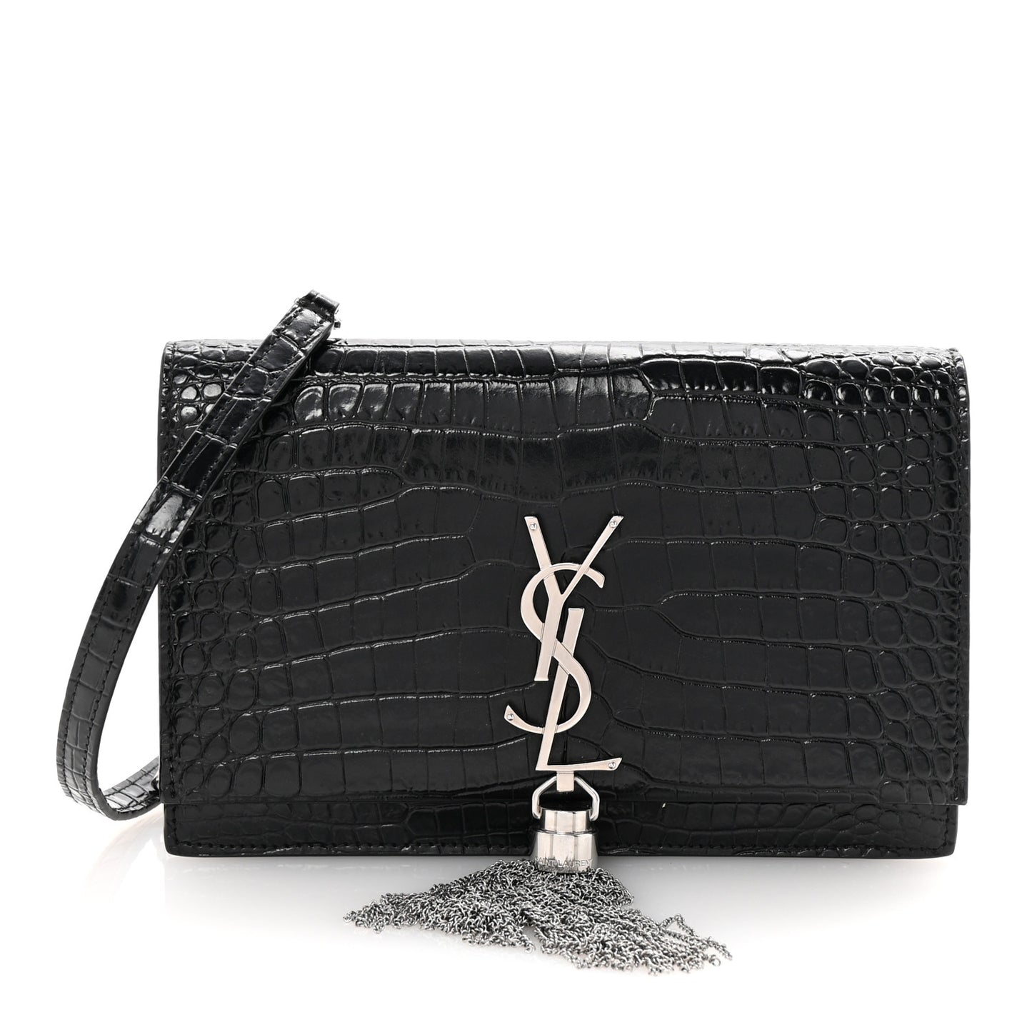 Calfskin Crocodile Embossed Kate Monogram Tassel Chain Wallet Black