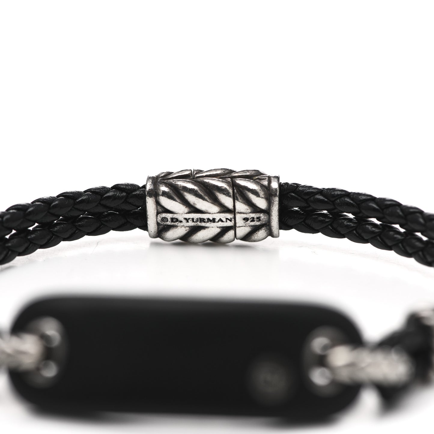 Sterling SIlver Leather Clay Mens Cable ID Bracelet Black