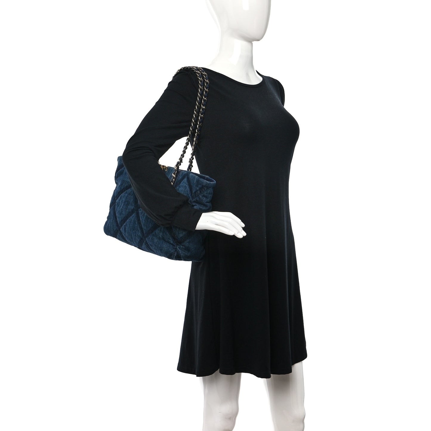 Denim Quilted Chanel 19 East West Shopping Bag Blue