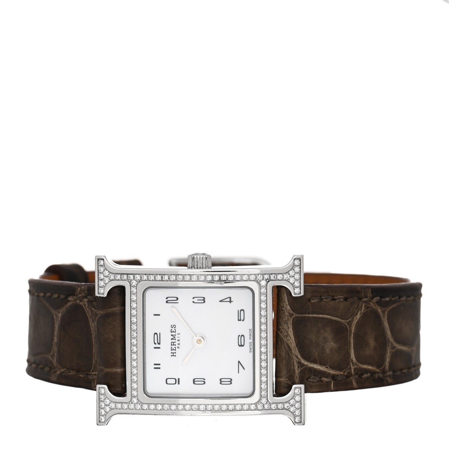 Hermes Stainless Steel Alligator Diamond Bezel Mother of Pearl 21mm Heure H Hour Quartz Watch Gris Elephant 2 of 5