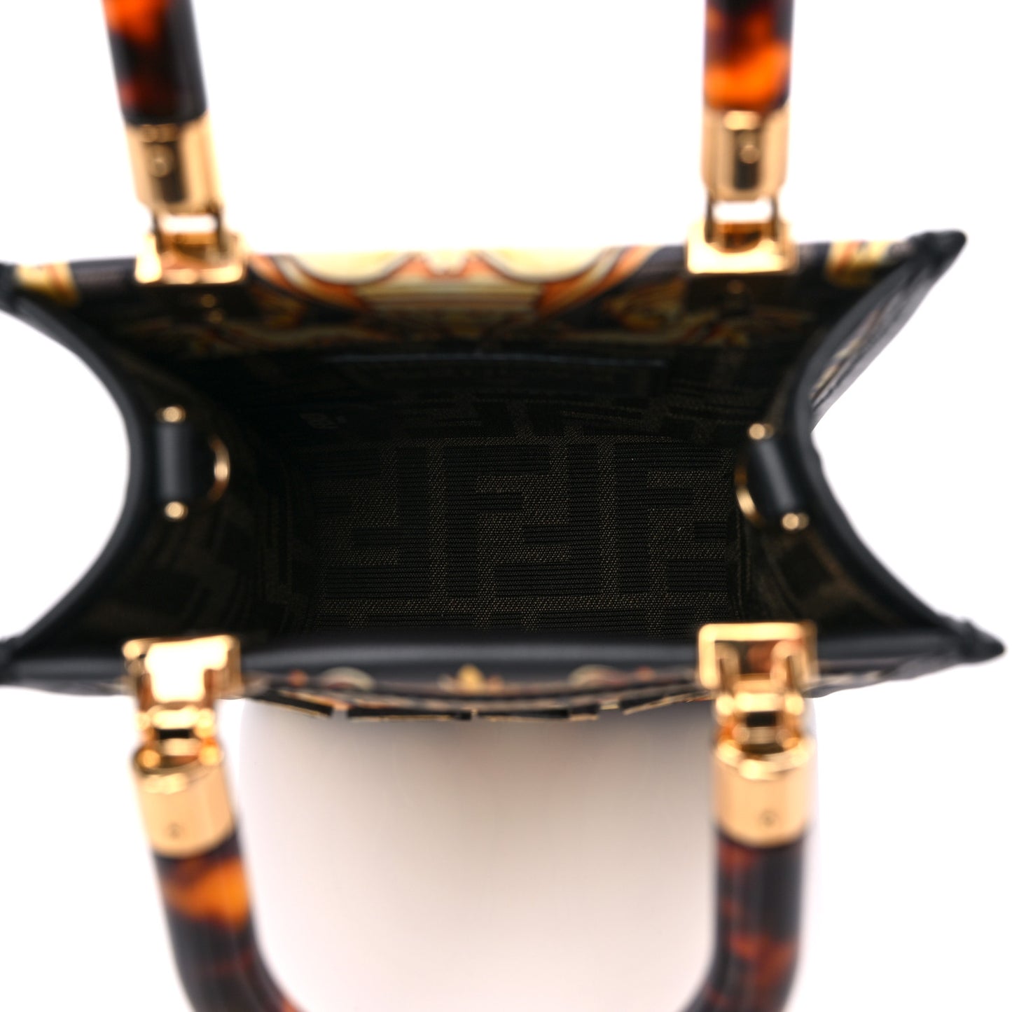 X VERSACE Vitello King Catalan Mirror Plexiglass Fendace FF Baroque Logo Mini Fendi Sunshine Shopper Tote Black Gold