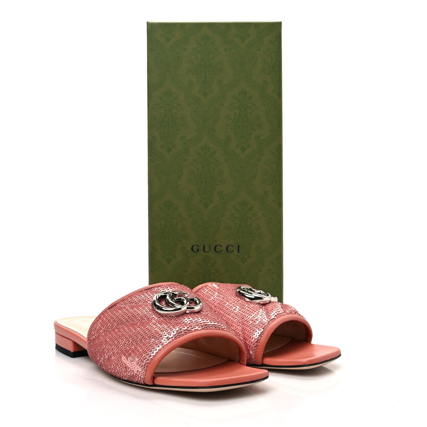 Sequin Satin Calfskin Matelasse GG Marmont Flat Slide Sandals 37.5 Antique Rose Rosa Pale Pink